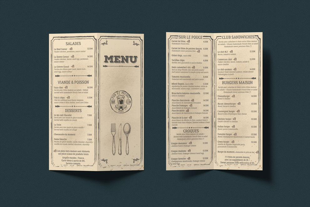 Menu d'un restaurant-bar